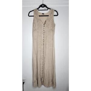 Mandala Dress Womens One Size Beige Embroidered Button Front Boho Rayon Maxi